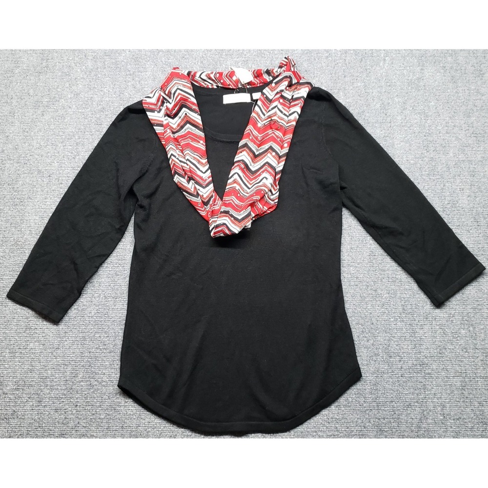 Kim Rogers Blouse Womens S Black Knit Top Red Pattern Scarf Accent Pullover New